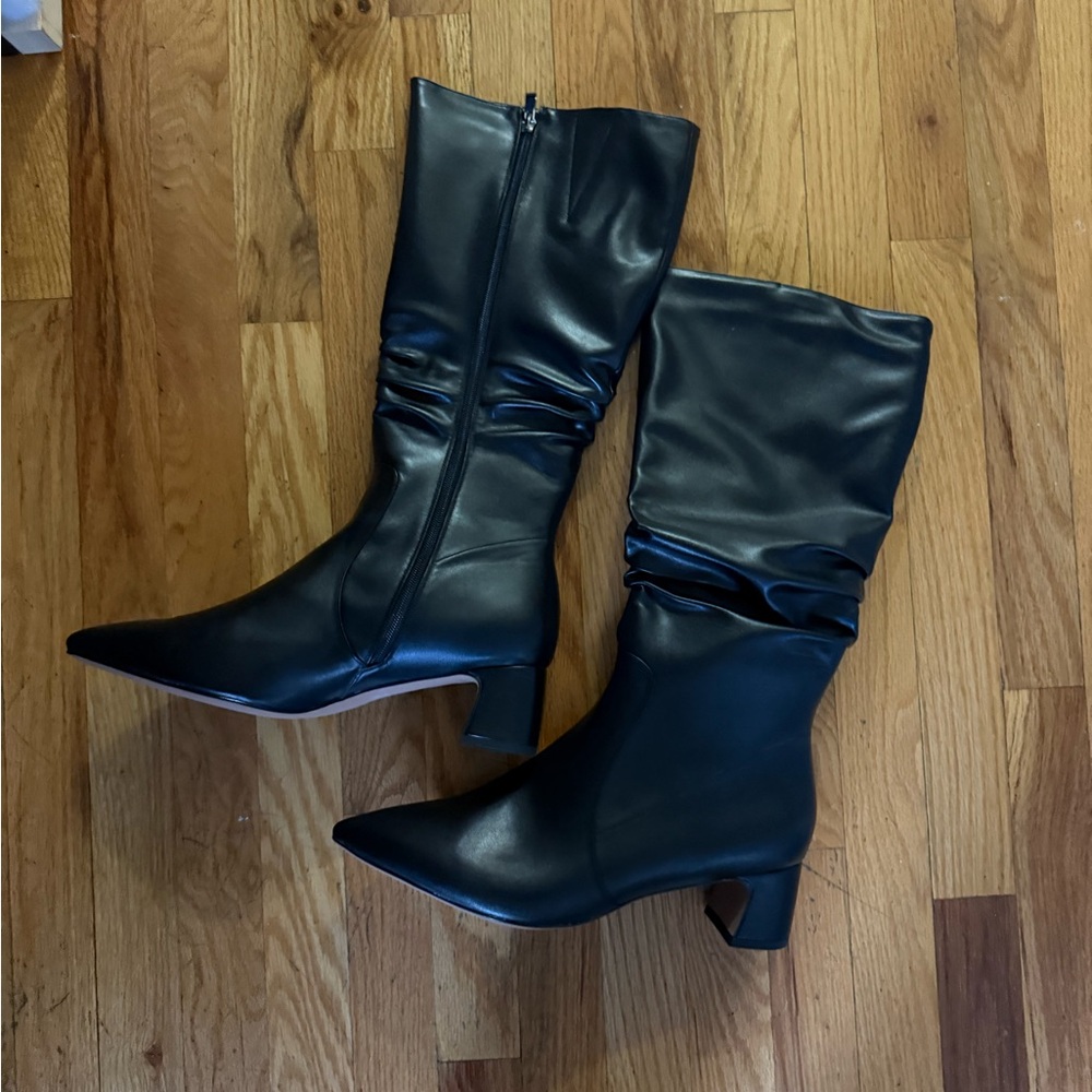 Women's Black Mid-Calf Pointed Toe Block Heel Boots